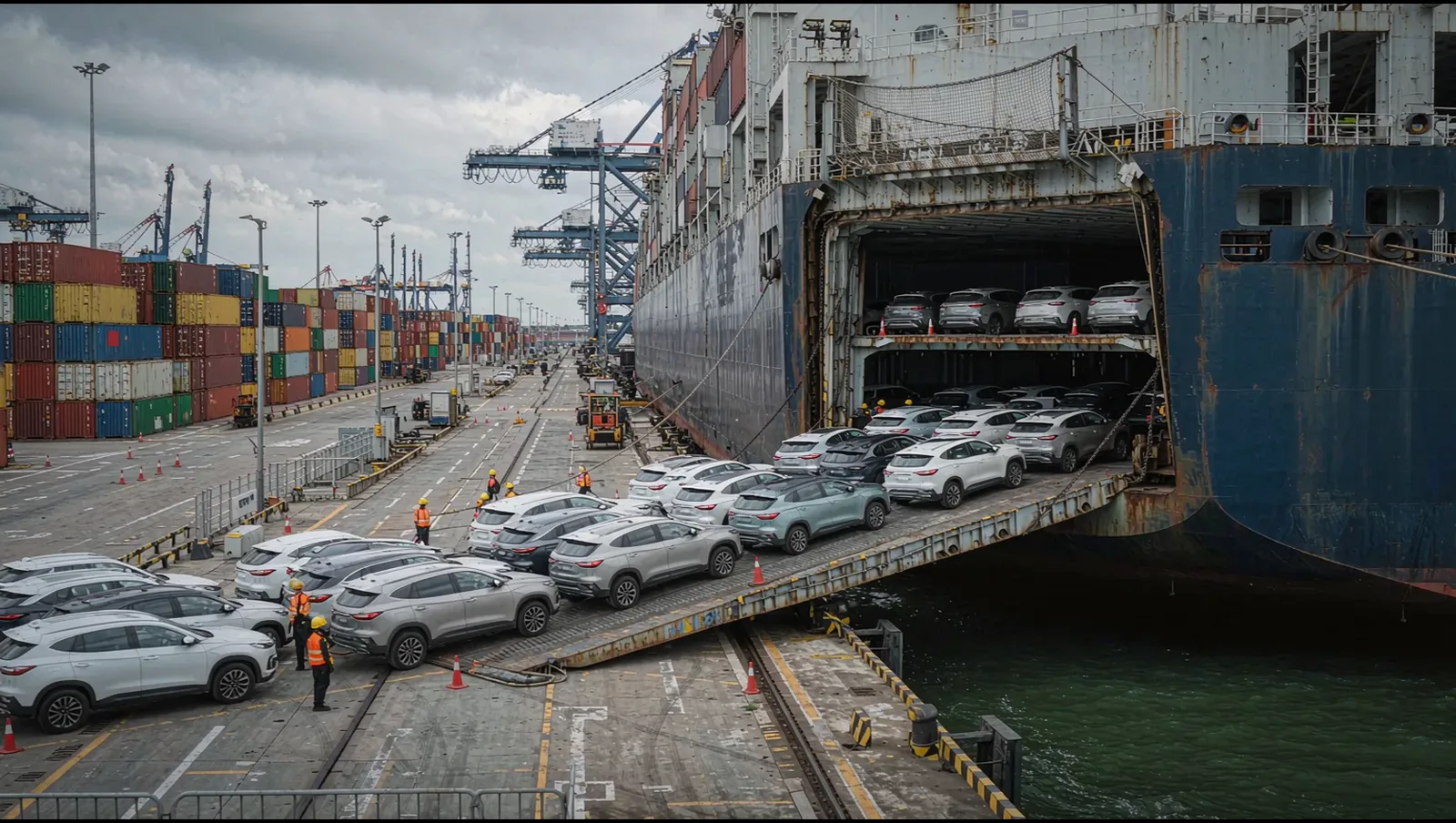 Puerto de exportación de coches chinos con buque RoRo, contenedores y vehículos eléctricos